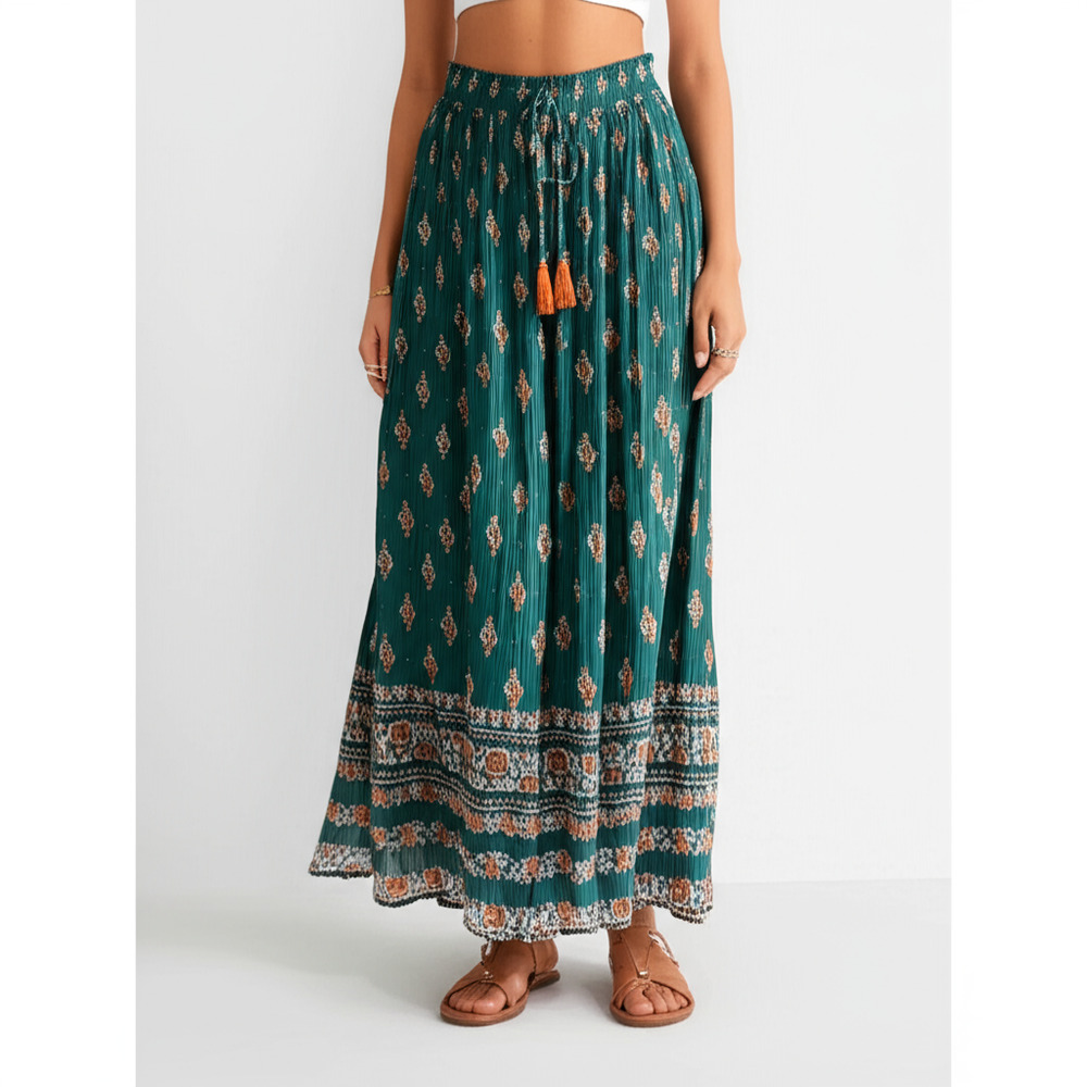 Lola P. Womens Gypsy Boho Maxi Skirt Size L Dark Teal Floral Paisley